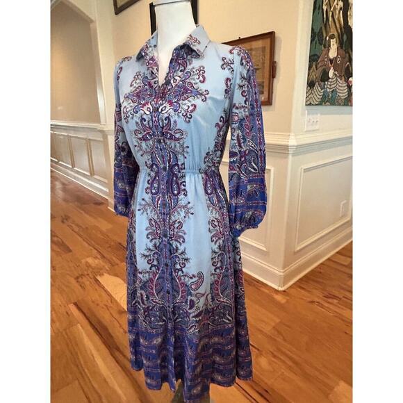 Loft Paisley Midi Shirt Dress - Blue & Purple - Petite XS - Picture 3 of 10